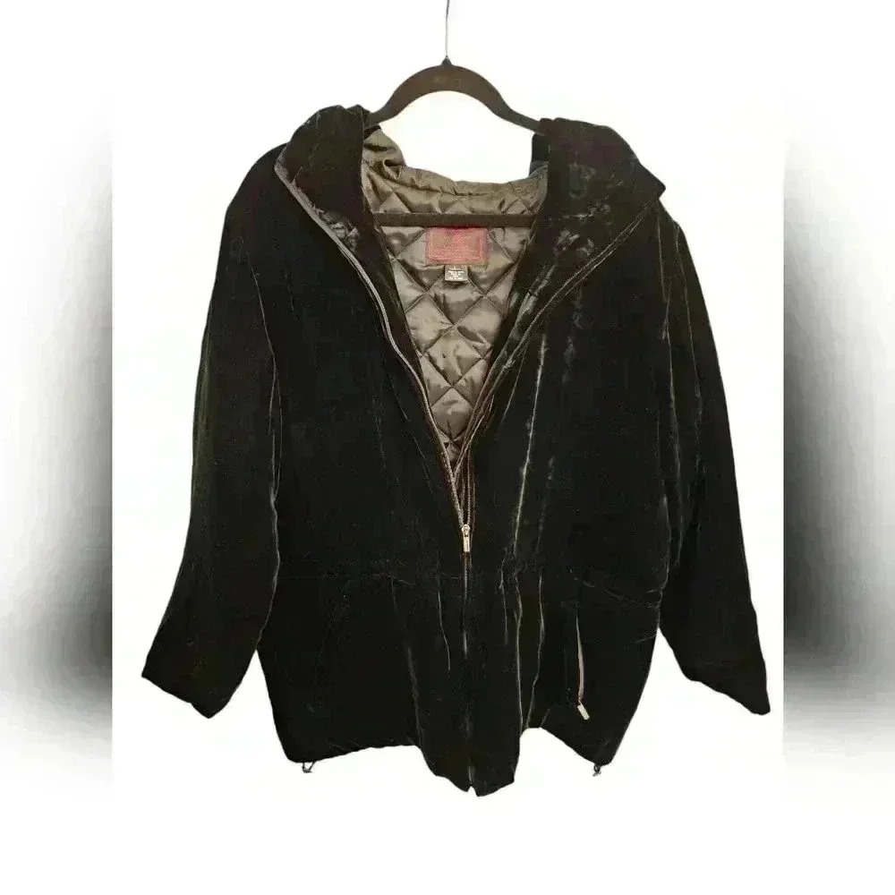 WOMENS LAUREN RALPH LAUREN BLACK VELVET SILK HOODED COAT PARKA LARGE - Picture 3 of 13